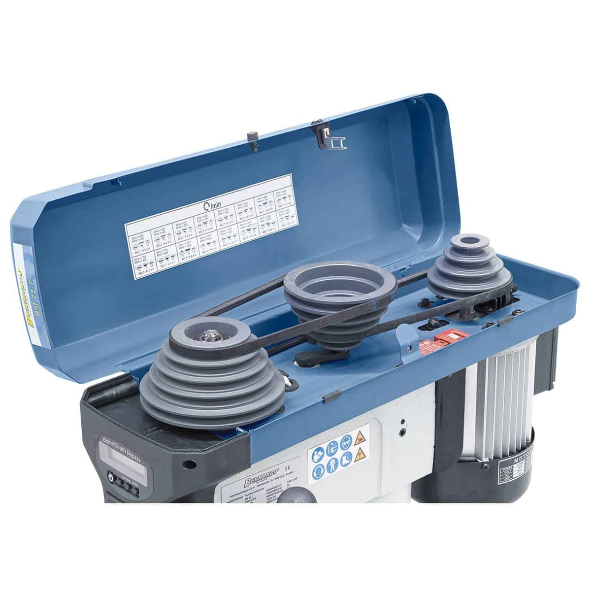 Furadora de bancada Bernardo BM 25 T / 230 V com display digital e LED – furação Ø 25 mm, cone MT 2, 16 velocidade 220-2.840 rpm, motor 0,75 kW 230V, peso 57 kg