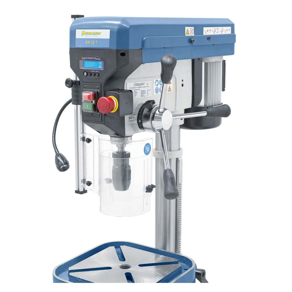 Furadora de bancada Bernardo BM 25 T / 230 V com display digital e LED – furação Ø 25 mm, cone MT 2, 16 velocidade 220-2.840 rpm, motor 0,75 kW 230V, peso 57 kg