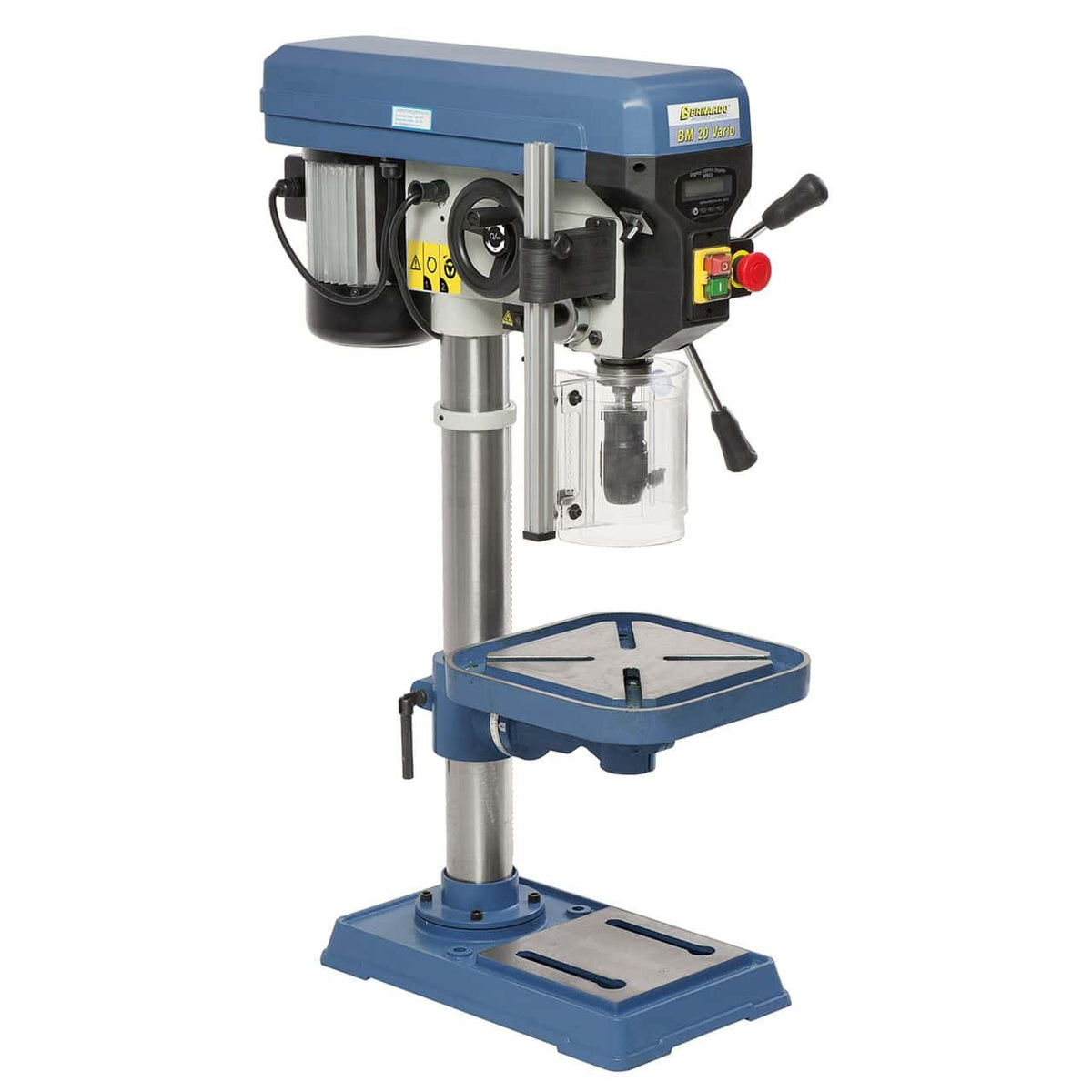 Furadora de bancada Bernardo BM 20 Vario / 230 V com velocidade Vario e laser – furação Ø 20 mm, cone MT 2, velocidade contínua 400-1.950 rpm, display digital velocidade+curso, motor 0,75 kW 230V, peso 57 kg