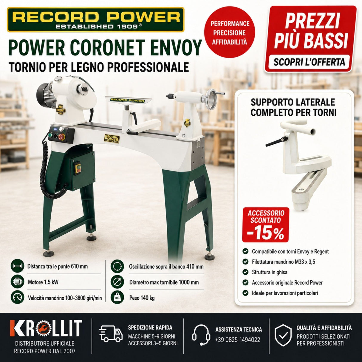 Combo Tornio Record Power CORONET ENVOY + Supporto Laterale Completo