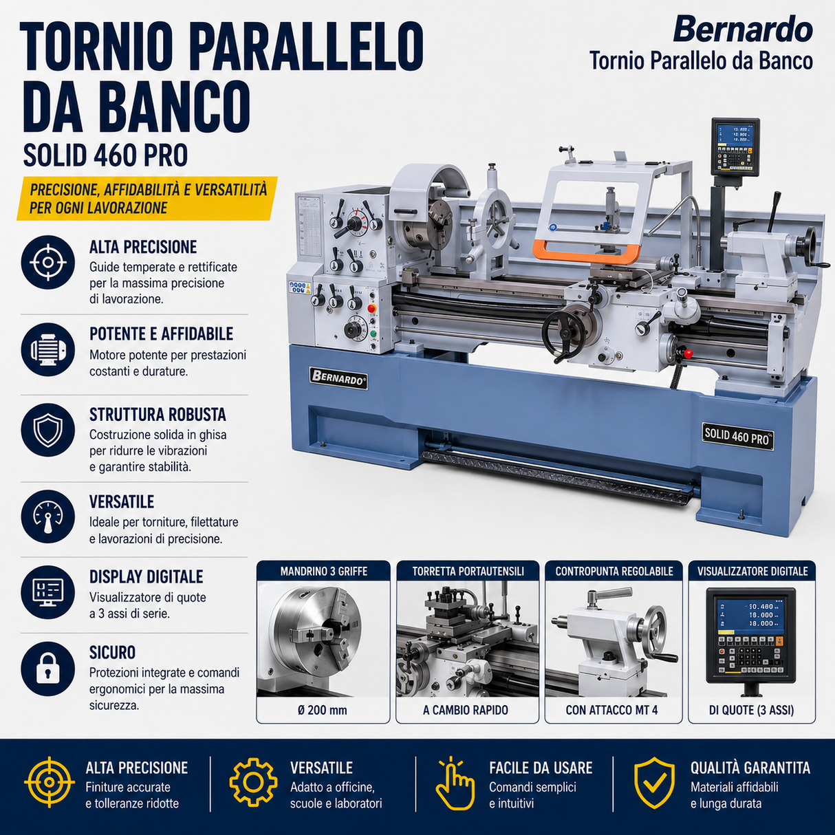 Torno para metal Bernardo Solid 460 x 2000 Pro com visualizador digital 3 eixos