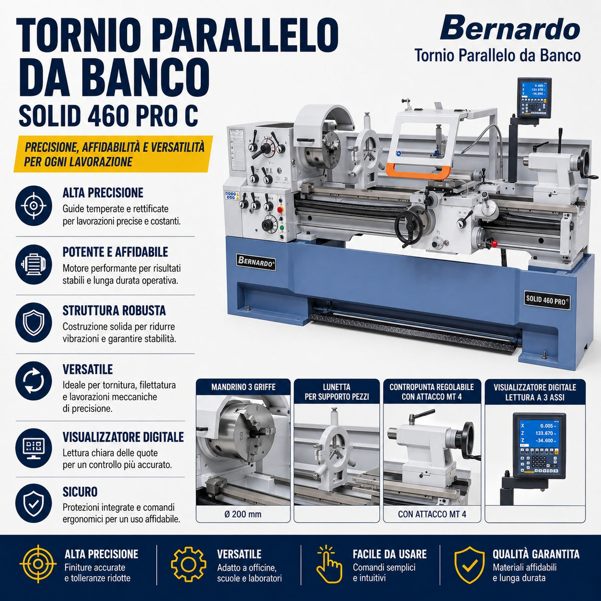 Torno para metal Bernardo Solid 460 x 1500 Pro com visualizador digital 3 eixos