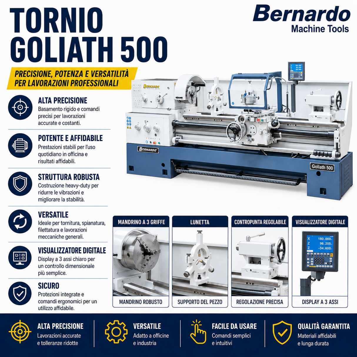 Torno para metal Bernardo paralelo Goliath 500 x 3000 com DRO 3 eixos