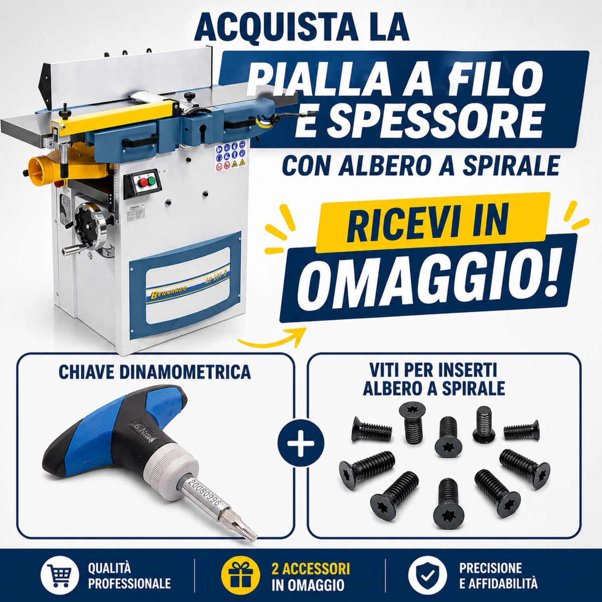 Garlopa-desengrossadeira combinada Bernardo AD 260 S, 230 V, com veio helicoidal para trabalhos de madeira precisos.