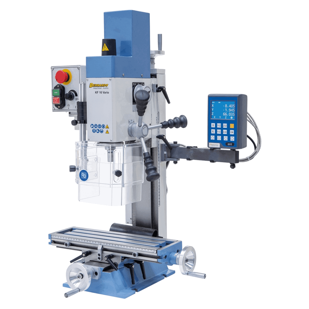 Trapano-fresatrice Bernardo KF 16 Vario con DRO DT 40 a 3 assi – foratura Ø 16 mm, fresa frontale Ø 50 mm, tavola 400 × 120 mm, testa inclinabile -90°/+90°, motore 0,5 kW, 230V monofase, peso 60 kg
