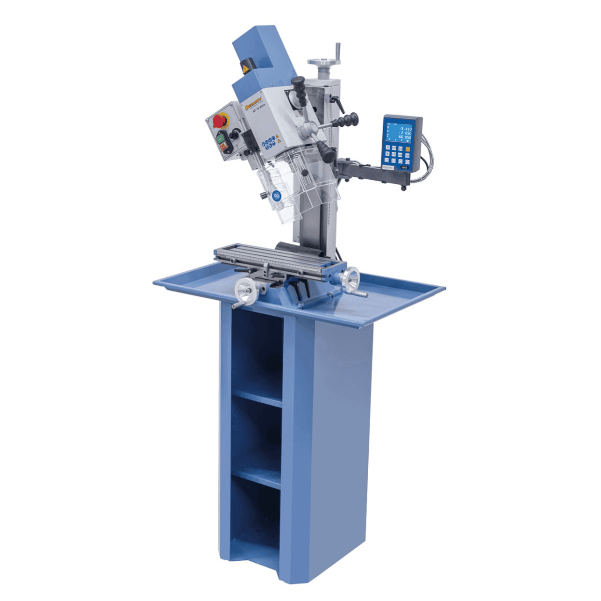 Trapano-fresatrice Bernardo KF 16 Vario con DRO DT 40 a 3 assi – foratura Ø 16 mm, fresa frontale Ø 50 mm, tavola 400 × 120 mm, testa inclinabile -90°/+90°, motore 0,5 kW, 230V monofase, peso 60 kg