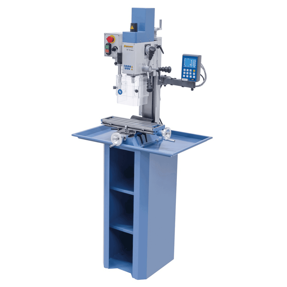 Trapano-fresatrice Bernardo KF 16 Vario con DRO DT 40 a 3 assi – foratura Ø 16 mm, fresa frontale Ø 50 mm, tavola 400 × 120 mm, testa inclinabile -90°/+90°, motore 0,5 kW, 230V monofase, peso 60 kg