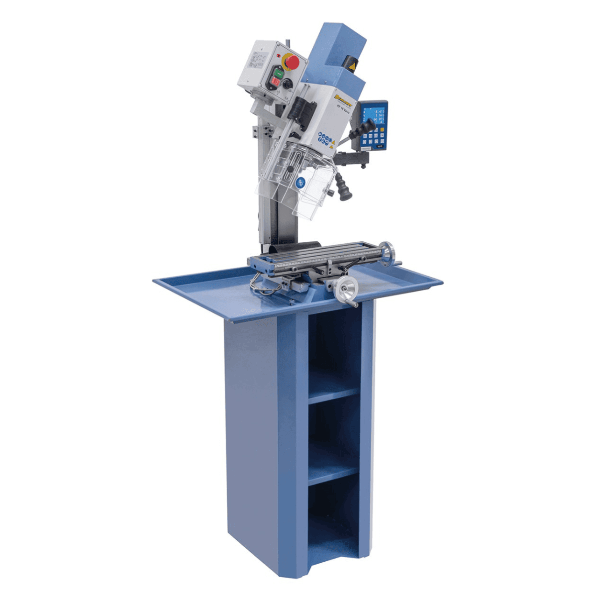 Trapano-fresatrice Bernardo KF 16 Vario con DRO DT 40 a 3 assi – foratura Ø 16 mm, fresa frontale Ø 50 mm, tavola 400 × 120 mm, testa inclinabile -90°/+90°, motore 0,5 kW, 230V monofase, peso 60 kg