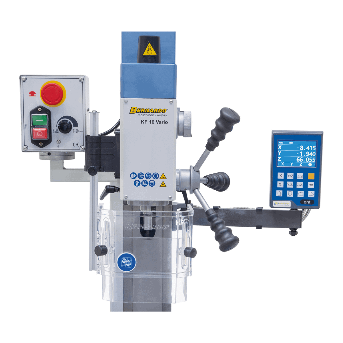 Trapano-fresatrice Bernardo KF 16 Vario con DRO DT 40 a 3 assi – foratura Ø 16 mm, fresa frontale Ø 50 mm, tavola 400 × 120 mm, testa inclinabile -90°/+90°, motore 0,5 kW, 230V monofase, peso 60 kg