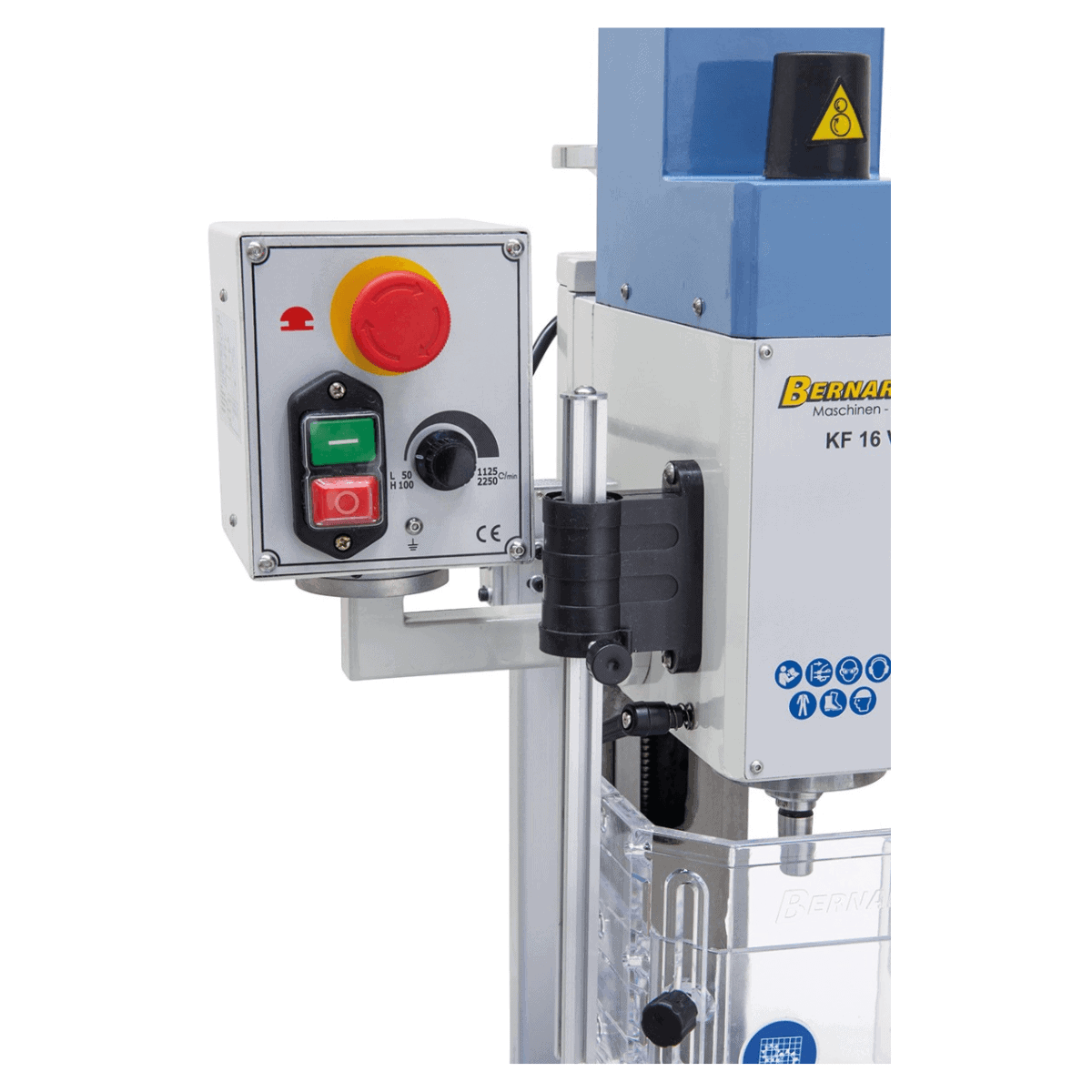 Trapano-fresatrice Bernardo KF 16 Vario con DRO DT 40 a 3 assi – foratura Ø 16 mm, fresa frontale Ø 50 mm, tavola 400 × 120 mm, testa inclinabile -90°/+90°, motore 0,5 kW, 230V monofase, peso 60 kg