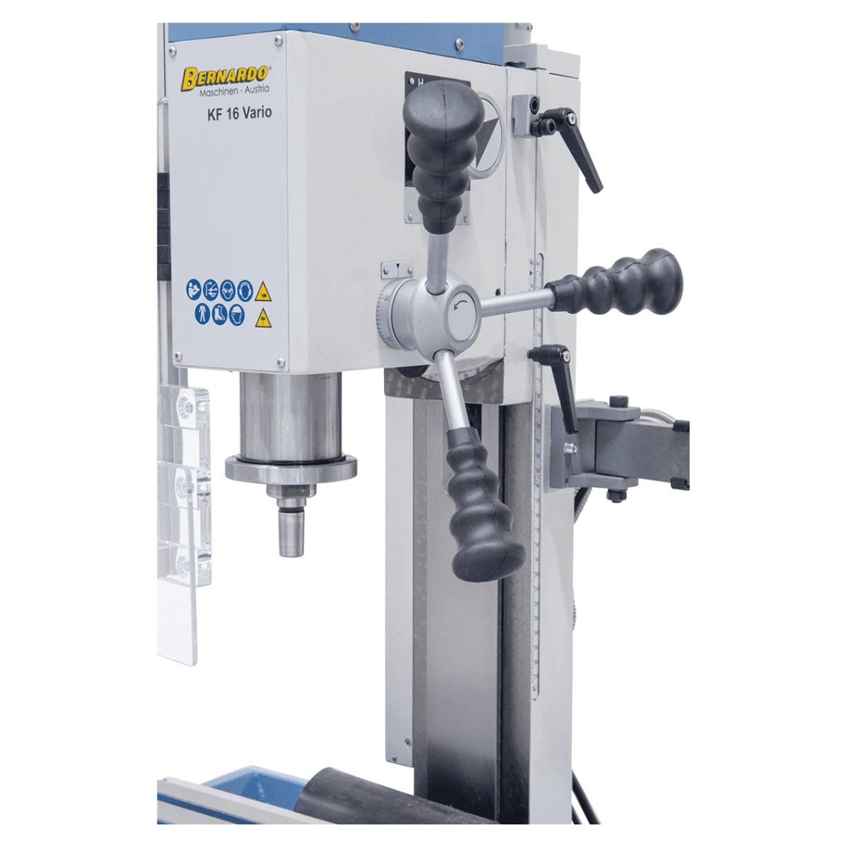 Trapano-fresatrice Bernardo KF 16 Vario con DRO DT 40 a 3 assi – foratura Ø 16 mm, fresa frontale Ø 50 mm, tavola 400 × 120 mm, testa inclinabile -90°/+90°, motore 0,5 kW, 230V monofase, peso 60 kg