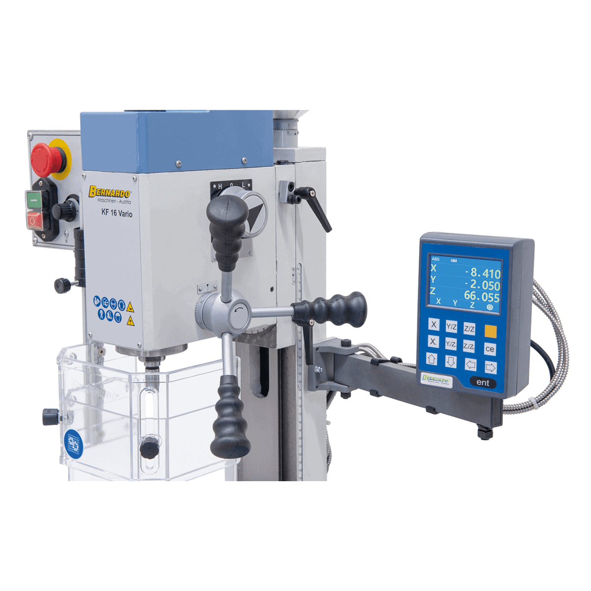 Trapano-fresatrice Bernardo KF 16 Vario con DRO DT 40 a 3 assi – foratura Ø 16 mm, fresa frontale Ø 50 mm, tavola 400 × 120 mm, testa inclinabile -90°/+90°, motore 0,5 kW, 230V monofase, peso 60 kg