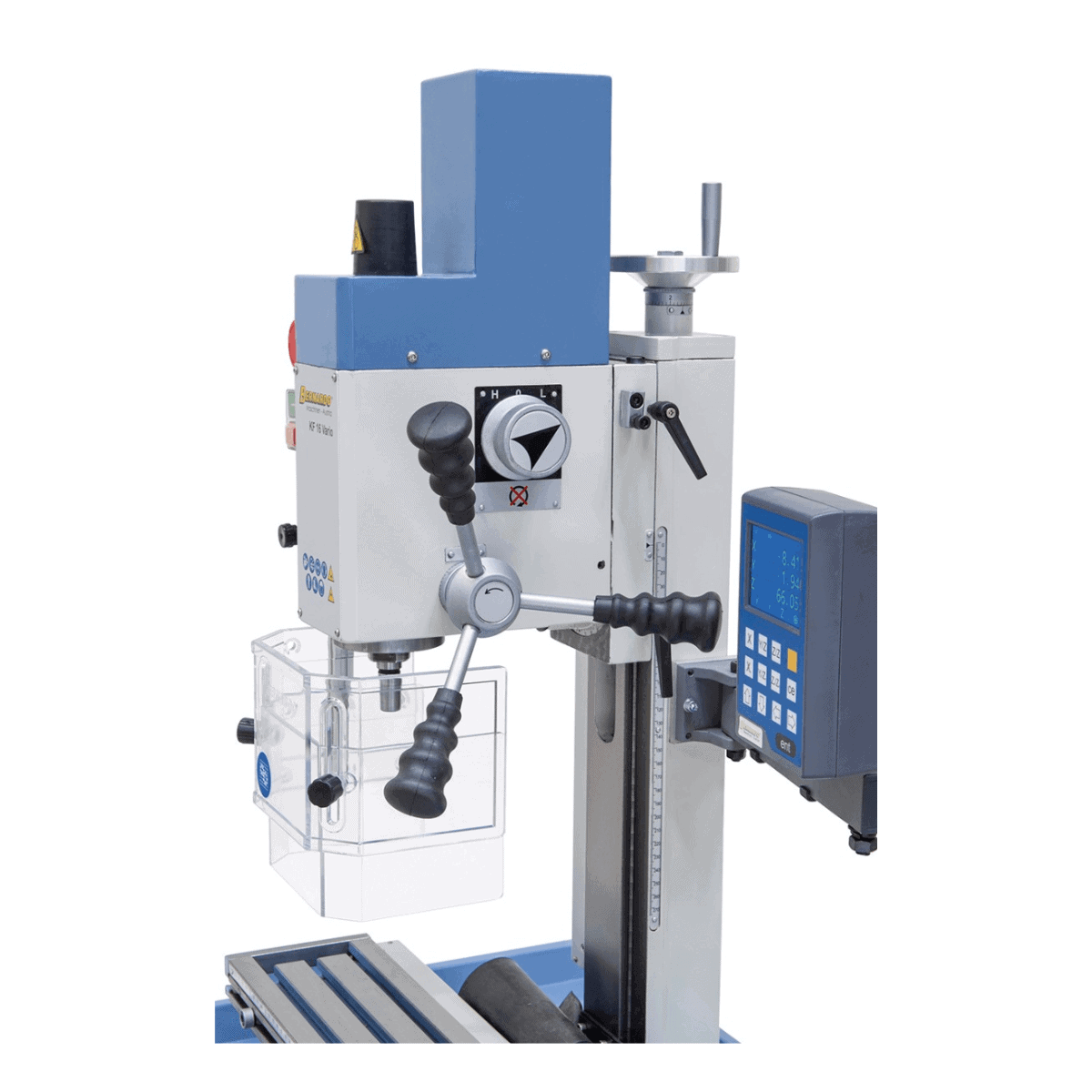 Trapano-fresatrice Bernardo KF 16 Vario con DRO DT 40 a 3 assi – foratura Ø 16 mm, fresa frontale Ø 50 mm, tavola 400 × 120 mm, testa inclinabile -90°/+90°, motore 0,5 kW, 230V monofase, peso 60 kg