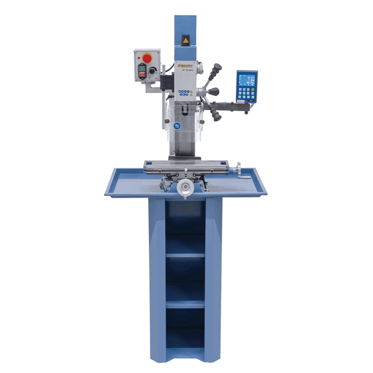 Trapano-fresatrice Bernardo KF 16 Vario con DRO DT 40 a 3 assi – foratura Ø 16 mm, fresa frontale Ø 50 mm, tavola 400 × 120 mm, testa inclinabile -90°/+90°, motore 0,5 kW, 230V monofase, peso 60 kg