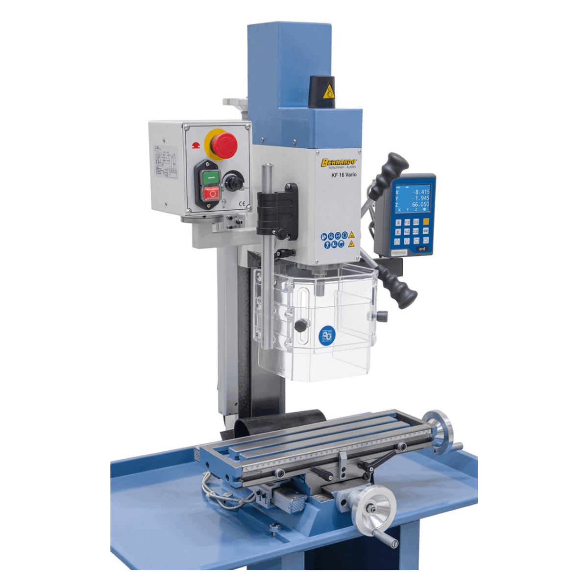 Trapano-fresatrice Bernardo KF 16 Vario con DRO DT 40 a 3 assi – foratura Ø 16 mm, fresa frontale Ø 50 mm, tavola 400 × 120 mm, testa inclinabile -90°/+90°, motore 0,5 kW, 230V monofase, peso 60 kg