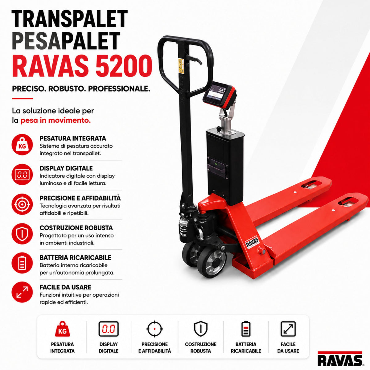 Porta-paletes pesapallet RAVAS 5200 – touchscreen 5", multirange 0,2/0,5/1 kg