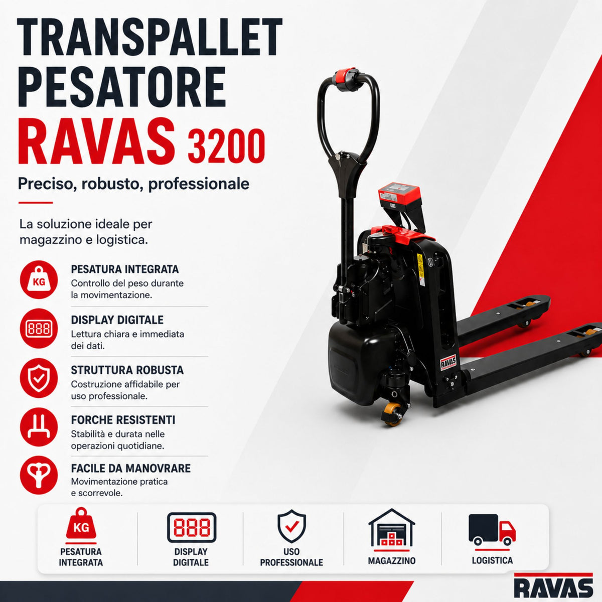 Porta-paletes elétrico RAVAS Ergo Truck-2 – trazione elétrica, pesagem integrada, Li-ion 24V