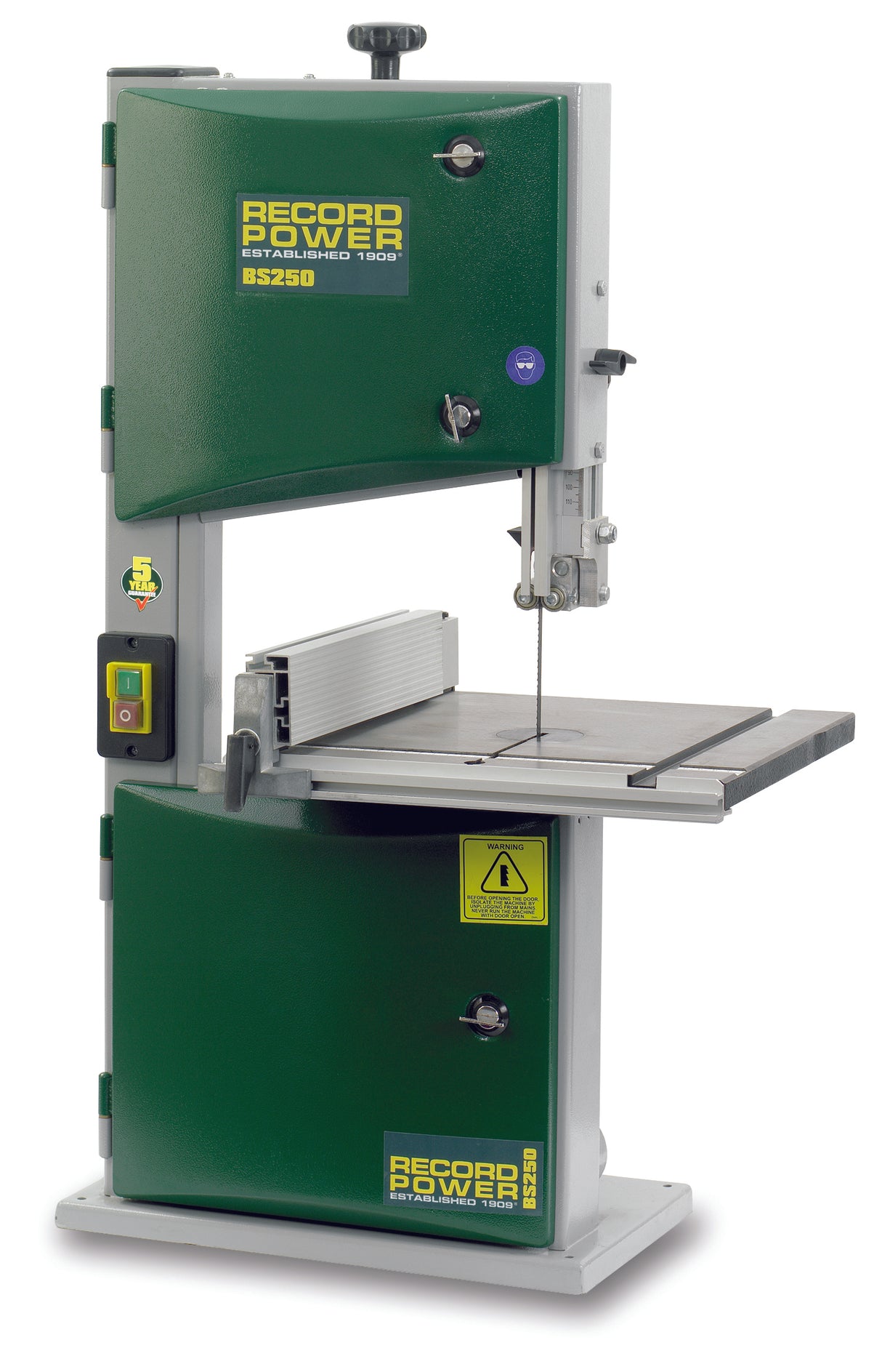 Vista frontale della sega a nastro Record Power BS250 con piano inclinabile da 315×350 mm e struttura compatta da banco, progettata per tagli di precisione su legno in spazi ridotti.