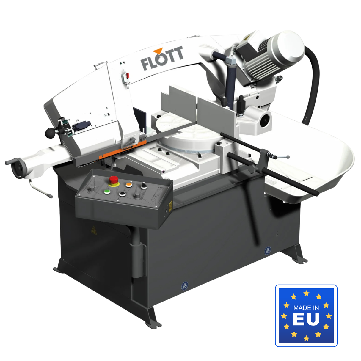 Segatrice a nastro Flott HBS 250 HA con struttura in ghisa, controllo idraulico e lama per tagli precisi su metallo fino a 320 mm.