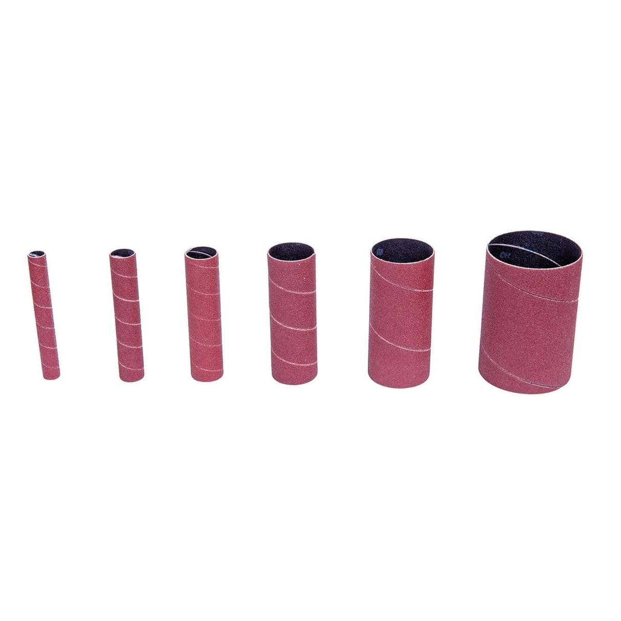 Set di manicotti abrasivi cilindrici grana K120 con diametri da 13 a 76 mm utilizzati per levigatura fine e finitura di superfici metalliche con levigatrice OVS 40.
