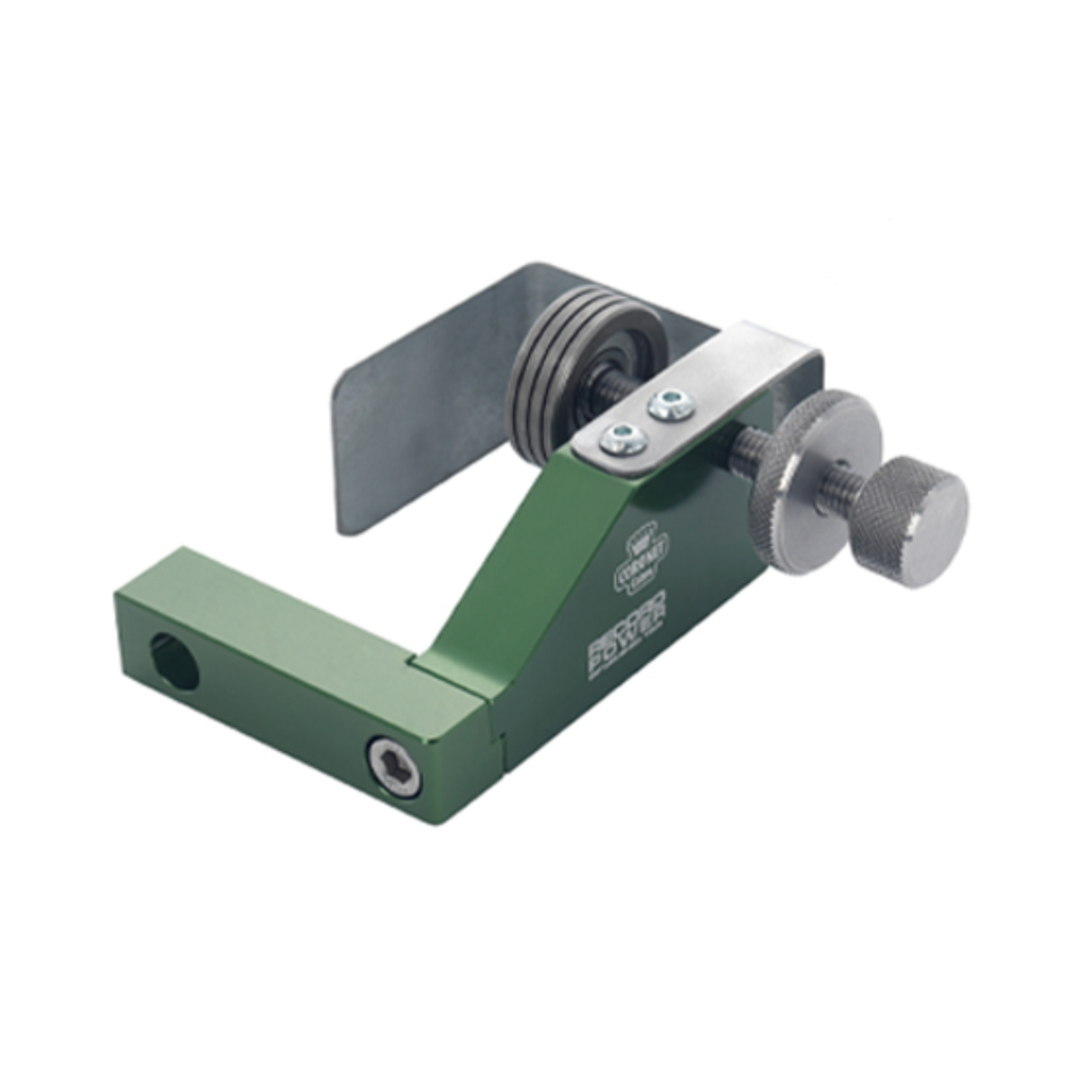 Sistema di guida a scorrimento Cobra installato su sega a nastro Sabre 250, ideale per tagli curvi di precisione, intarsi e lavorazioni decorative avanzate.