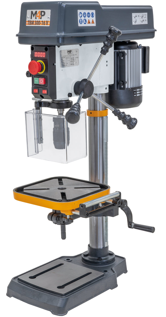 Trapano a colonna da banco Vario TBM 300-16 V da 230 V con mandrino autoserrante da 16 mm, display digitale della velocità e piano di lavoro inclinabile