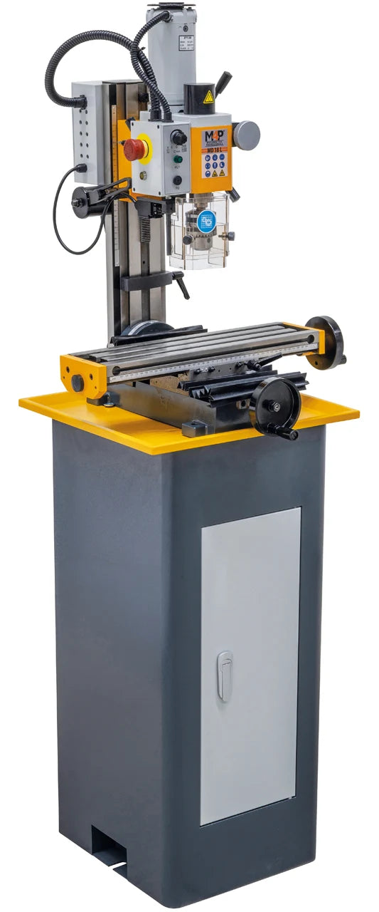 Trapano-fresatrice M4P MD 18 L / 230 V montata su basamento con vasca raccoglitrucioli (accessorio opzionale), vista laterale sinistra