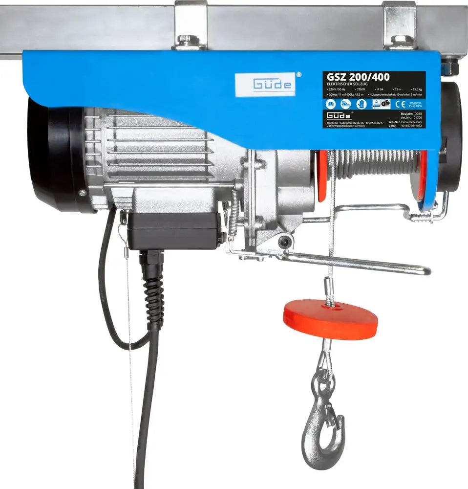 Paranco elettrico Güde GSZ 200/400 – portata 200 kg in tiro diretto o 400 kg con carrucola, fune 12 m