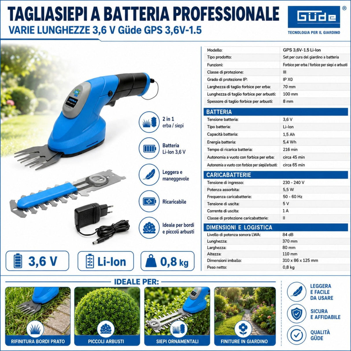 Conjunto de ferramentas de jardim com bateria Güde GPS 3,6V-1.5