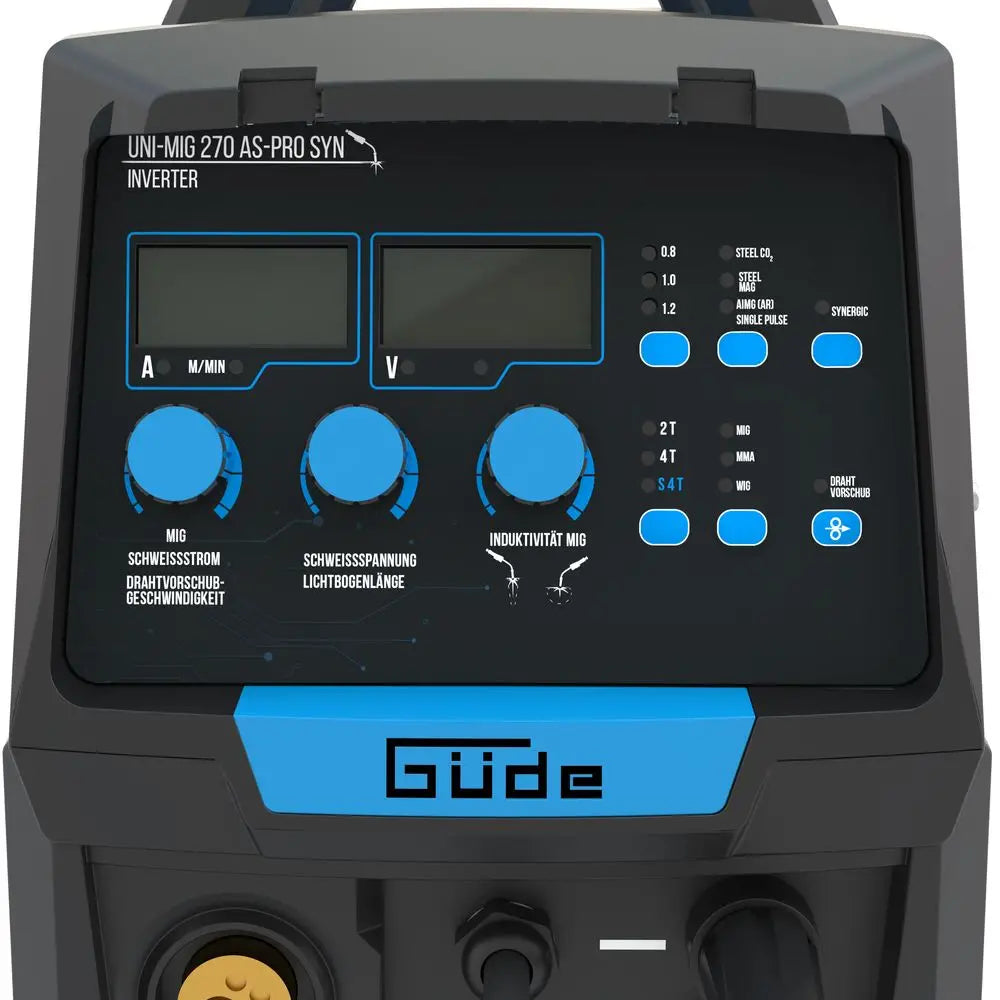 Máquina de soldar multiprocesso Güde Uni-Mig 270 AS-Pro SYN – inversor trifásico 400V, MIG/MAG, MMA, fio fluxado e TIG