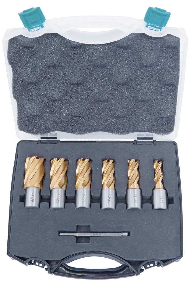 Set fresa a corona HSS CDS, con rivestimento in stagno, 14 - 24 mm, profondità di foratura 25 mm