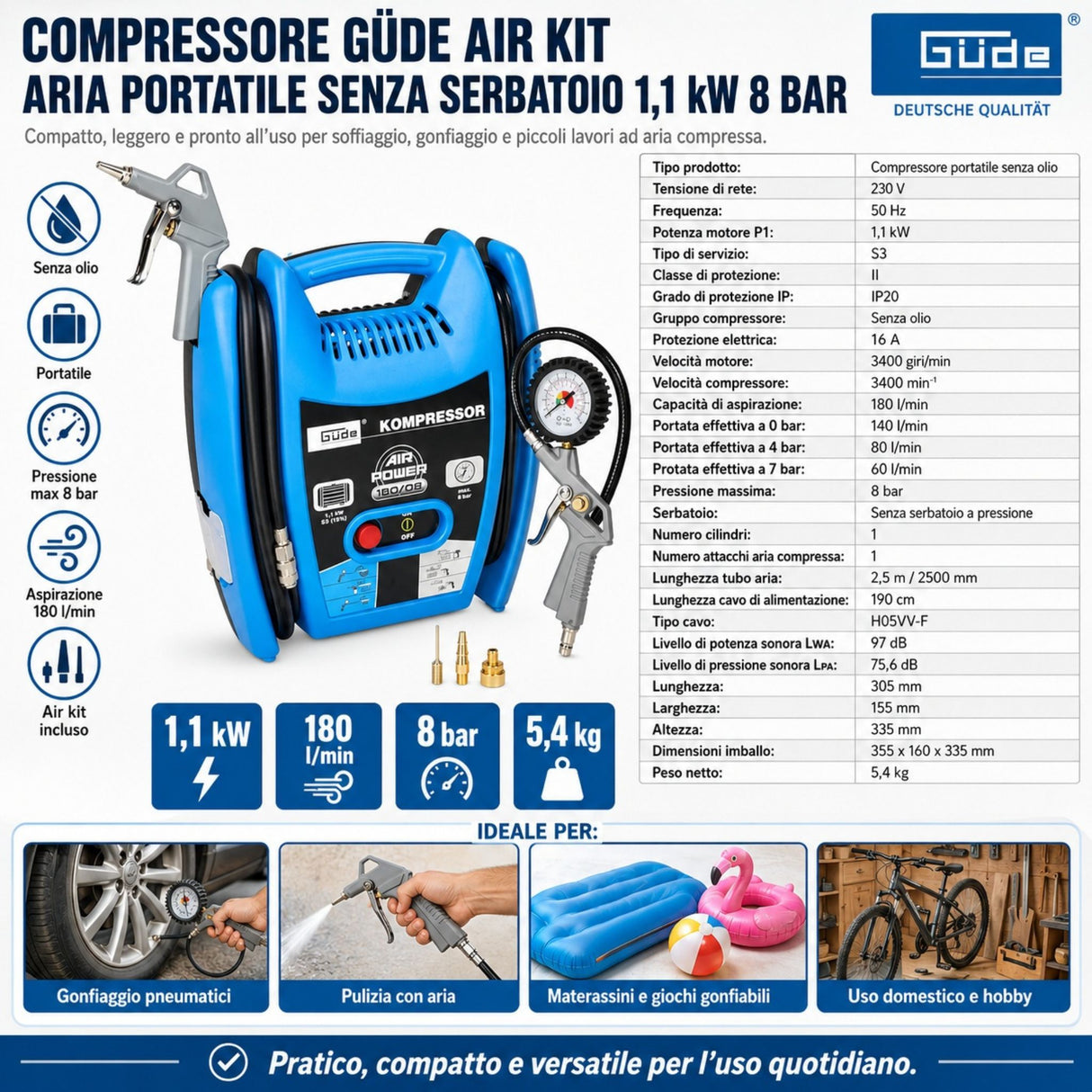 Compressor de ar portátil Güde Airpower 180/08