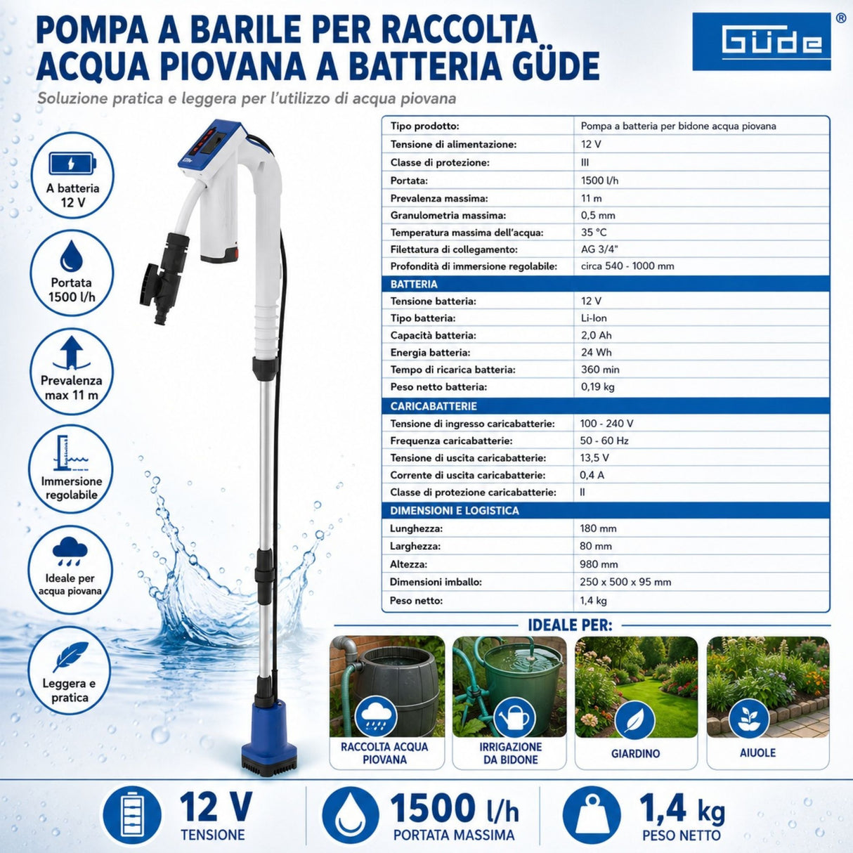 Bomba para cisterna de água da chuva com bateria Güde RFP 12-201-04