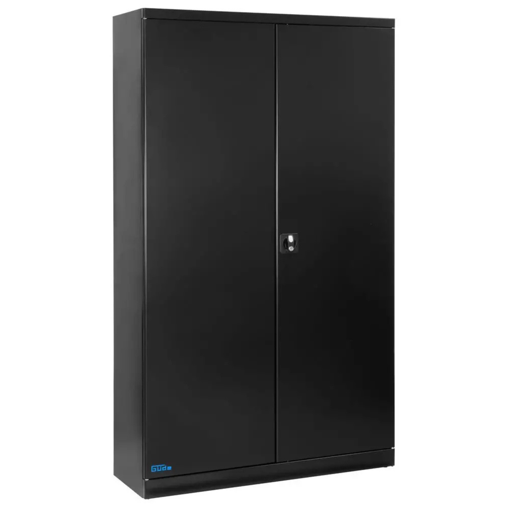 Armadio Guede TYPE C Black Line in acciaio nero satinato, versione larga con 4 ripiani regolabili e ante ad ampia apertura per officine professionali.