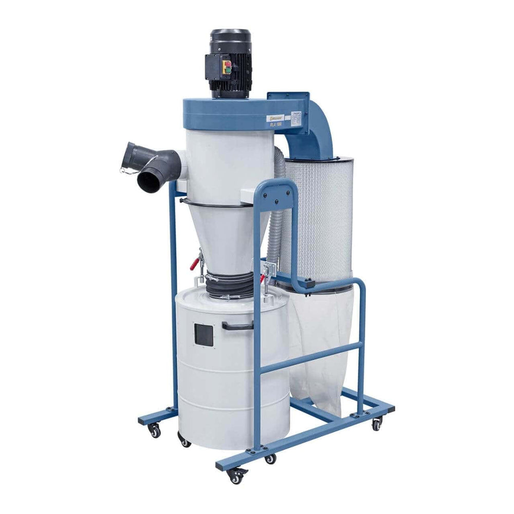 Aspiratore ciclonico Bernardo RLA 1800 con filtro in poliestere, girante in acciaio e contenitore da 95 litri, ideale per aspirazione di trucioli e polveri fini in ambienti artigianali e industriali.