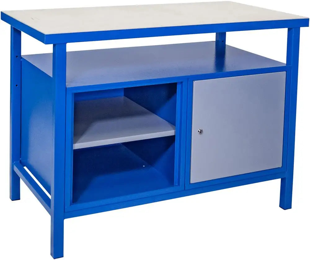 Banco da lavoro professionale Güde P 1200 T con piano da 38 mm in faggio, vano aperto e armadio chiudibile, ideale per officina.