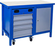 Banco da lavoro Guede 1200 SLT MULTI con piano in faggio da 38 mm, carrello portautensili integrato, cassetti su guide a sfere e struttura in acciaio saldato.