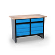 Banco da lavoro Guede GW 8S con piano in rubberwood massello, otto cassetti a estrazione totale e struttura blu RAL 5015, ideale per officina e garage.