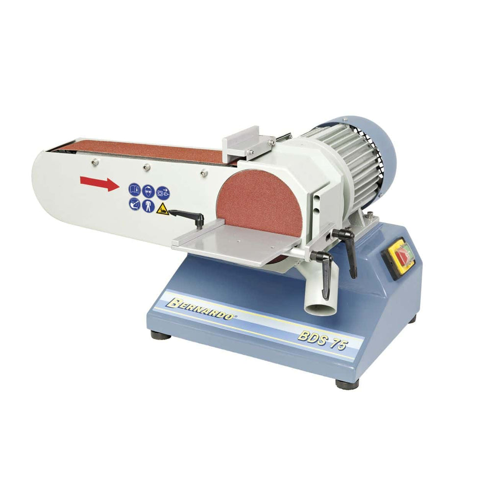Levigatrice a nastro e disco Bernardo BDS 75 con nastro 75 x 1180 mm, disco Ø 150 mm e struttura compatta e robusta.