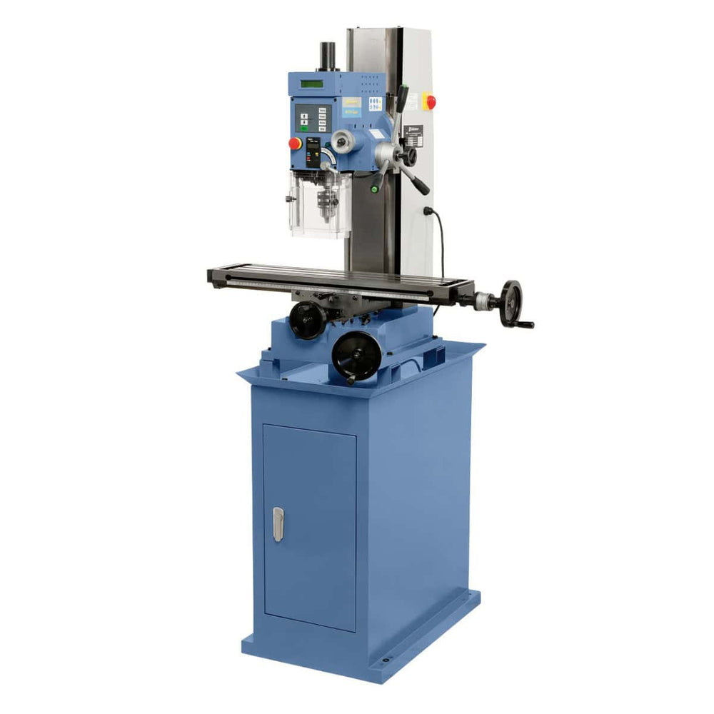 Trapano-fresatrice Bernardo BF 25 L Super con tavola 700 x 160 mm, testa inclinabile 90° a destra e 30° a sinistra, velocità variabile continua e indicatori digitali integrati.