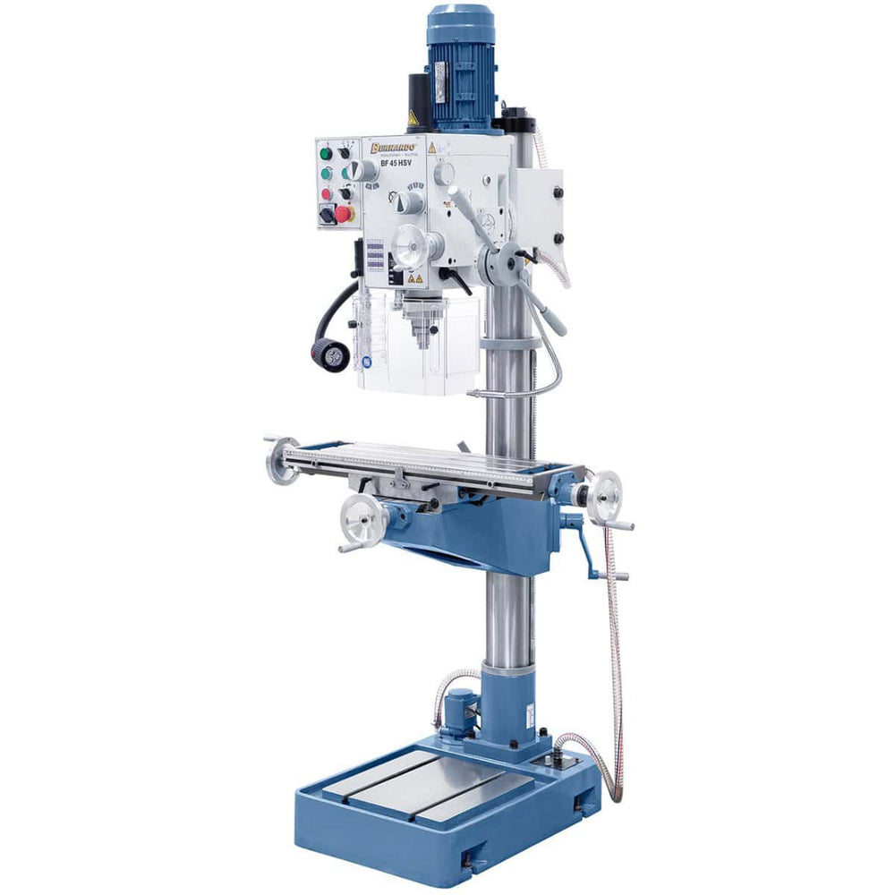 Trapano-fresatrice Bernardo BF 45 HSV con tavola 730 x 210 mm, testa inclinabile ±90°, avanzamento automatico mandrino e velocità variabile fino a 3200 rpm.