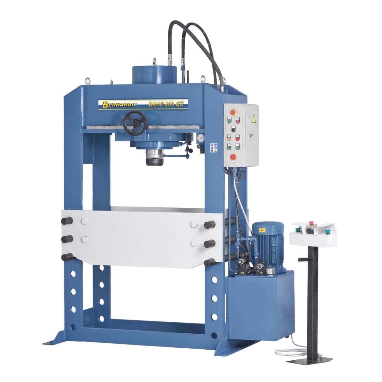 Pressa idraulica Bernardo BRHP 200 QZ con testa mobile, piano regolabile e manometro integrato, ideale per applicazioni industriali gravose.