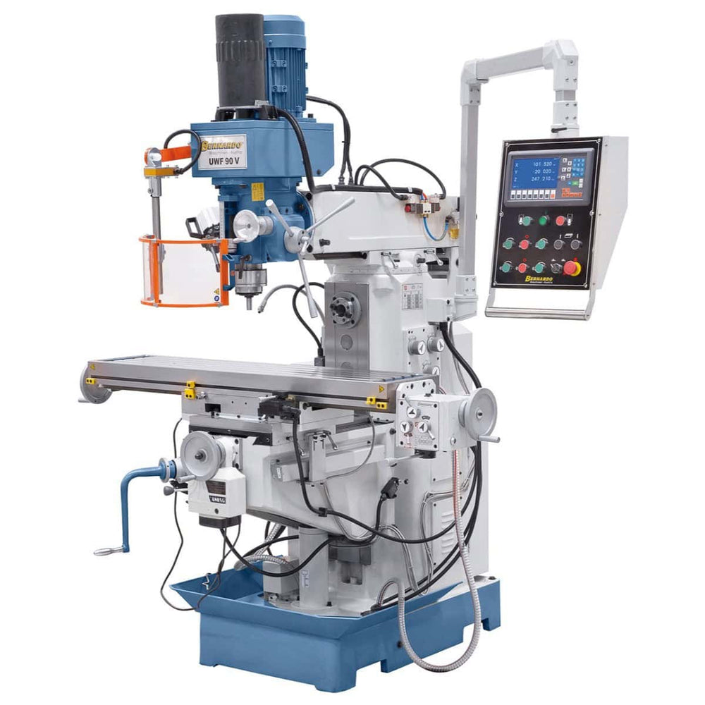 Fresatrice universale Bernardo UWF 90 V con tavola 1270 x 280 mm, mandrino ISO 40 verticale/orizzontale, DRO 3 assi e serraggio pneumatico utensile.