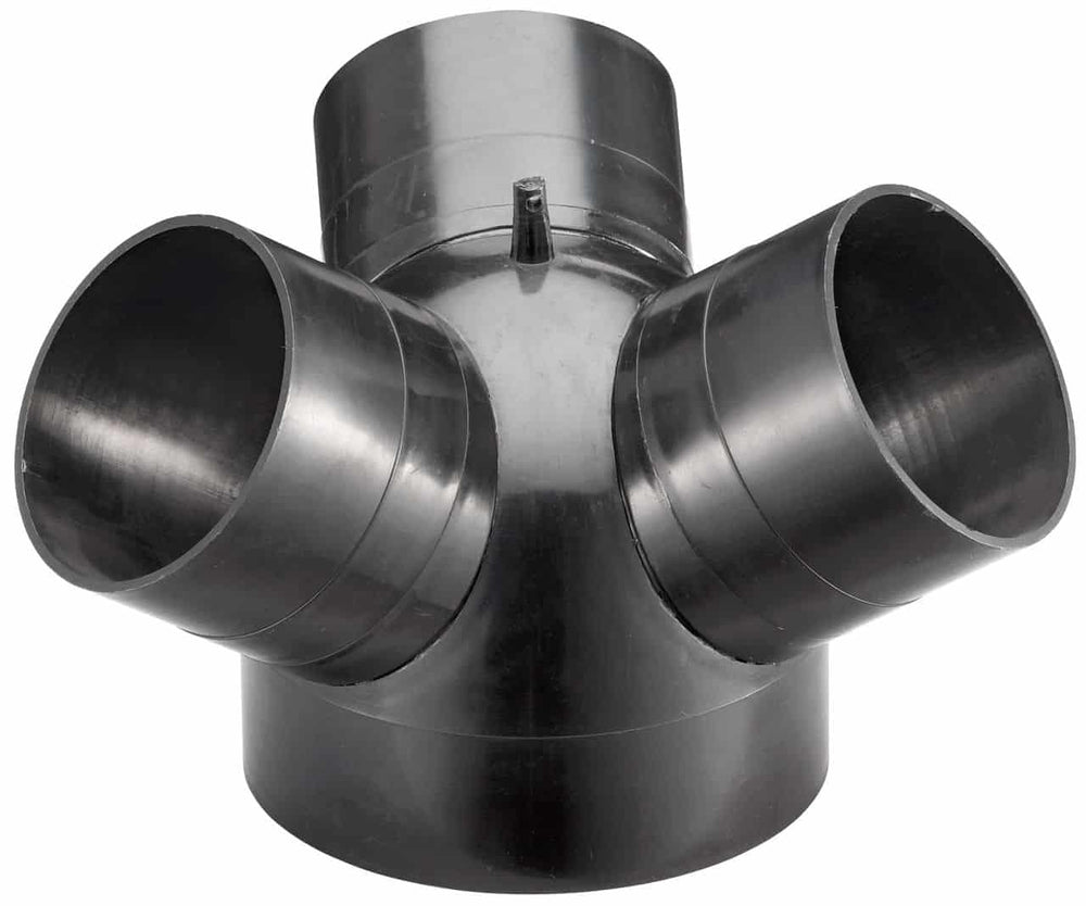 Giunzione a Y Bernardo con ingresso Ø150 mm e tre uscite Ø100 mm, compatibile con aspiratori DC 500, DC 500 E, DC 550 CF e RV 350, ideale per impianti di aspirazione professionali.