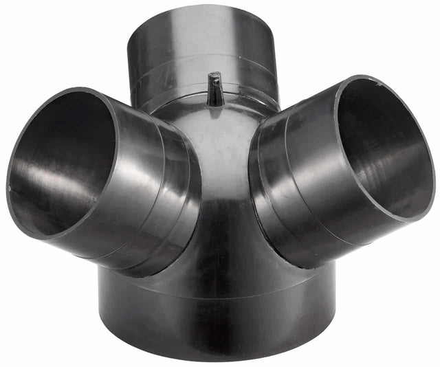 Giunzione a Y Bernardo con ingresso Ø150 mm e tre uscite Ø100 mm, compatibile con aspiratori DC 500, DC 500 E, DC 550 CF e RV 350, ideale per impianti di aspirazione professionali.