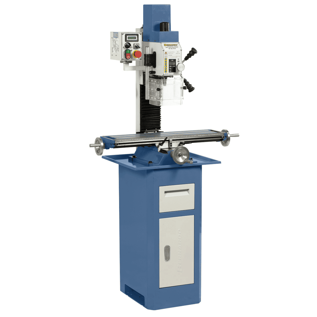 Trapano-fresatrice Bernardo KF 25 L Vario con tavola a croce 700 x 180 mm, testa inclinabile ±90°, velocità regolabile continua e display digitale integrato.