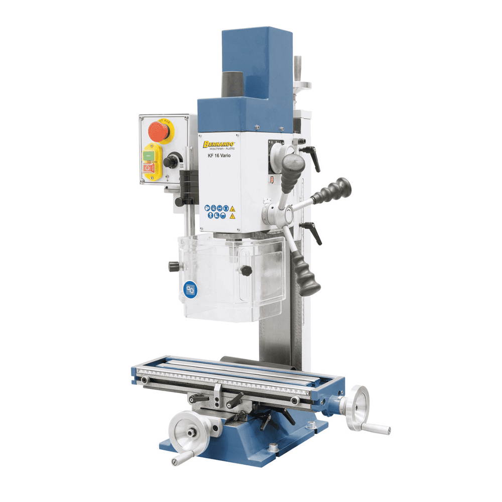 Vista della Bernardo KF 16 Vario, trapano e fresatrice compatta con tavolo da 500×140 mm, testa inclinabile ±90° e display digitale integrato.