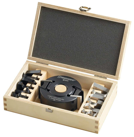 Set testa universale Bernardo Ø100 mm in lega di alluminio con altezza 40 mm e foro 30 mm, completa di coltelli reversibili HW per fresatura precisa di battute e profili su legno.