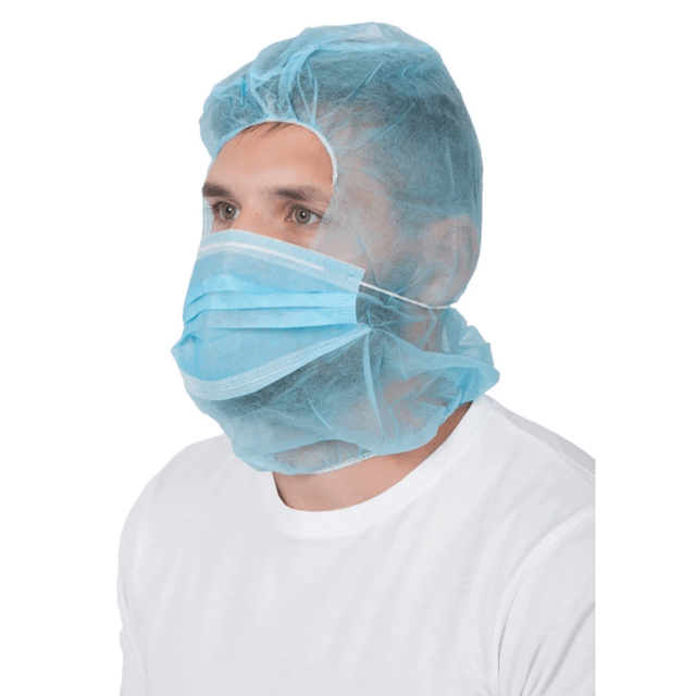 Cappuccio monouso ARDON® Astro-cap in polipropilene, colore blu, con mascherina integrata. Confezione da 50 pezzi.