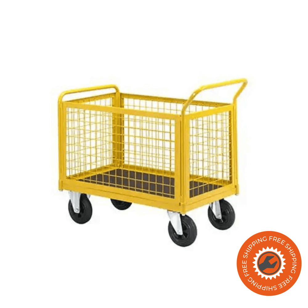 Carrello Ravendo TW 1000 M-HMS in acciaio giallo con sponde in rete metallica e ruote solide Ø200 mm, ideale per trasporti industriali e magazzini fino a 400 kg.
